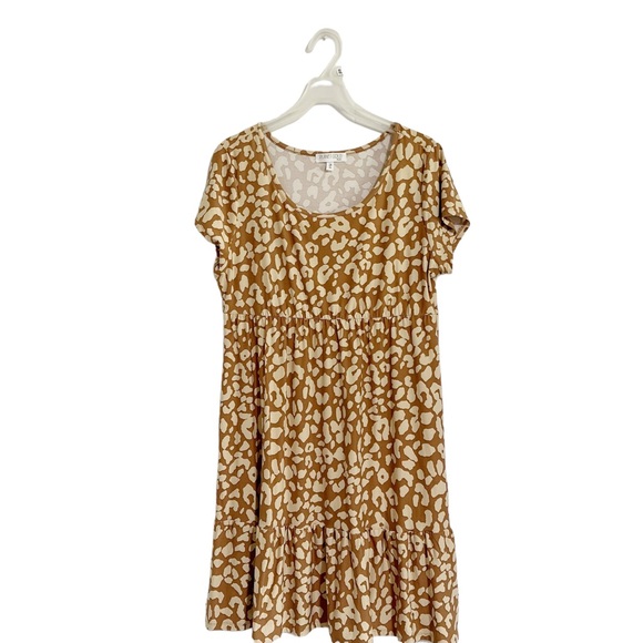 PLANET GOLD Tan Leopard Dress Short Sleeves Slip On Ruffled Tail Size 1X - Picture 2 of 8